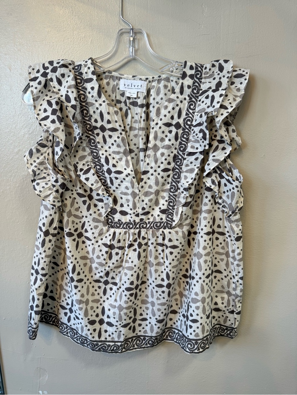 Velvet by Graham & Spencer Ruffle Print Cotton Blouse Top XS